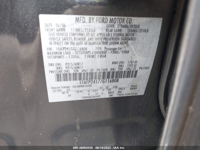 2007 FORD FIVE HUNDRED SEL VIN: 1FAFP24177G116808