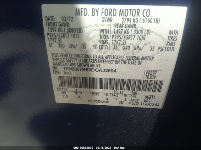 2013 FORD EXPLORER BASE VIN: 1FM5K7B89DGA32594