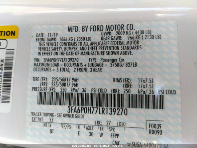 Ford FUSION SE 2020 3FA6P0H77LR139270 Image 9