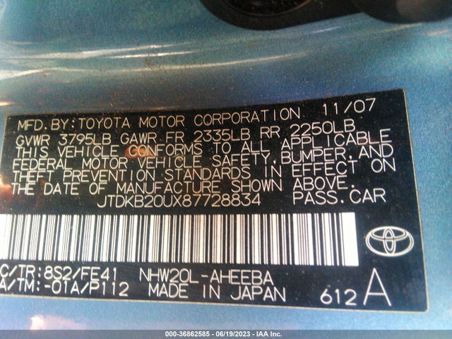 2008 TOYOTA PRIUS VIN: JTDKB20UX87728834