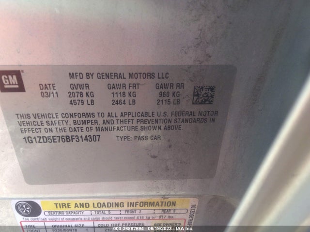 36862694 :رقم المزاد ، 1G1ZD5E76BF314307 vin ، 2011 Chevrolet Malibu Lt W/2lt مزاد بيع
