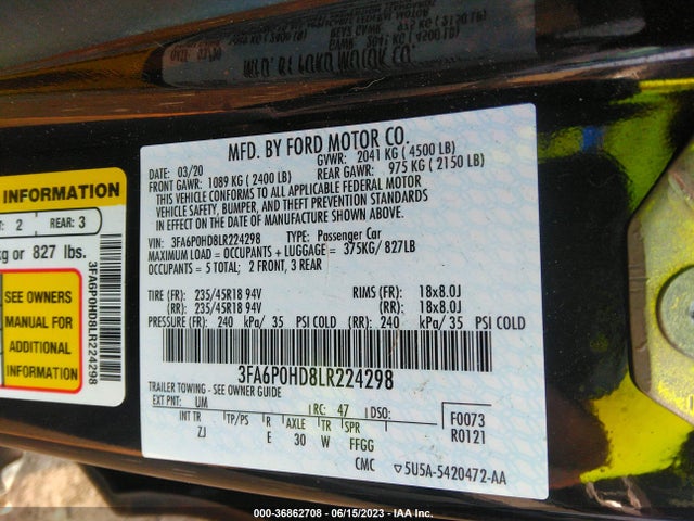 2020 FORD FUSION SE VIN: 3FA6P0HD8LR224298