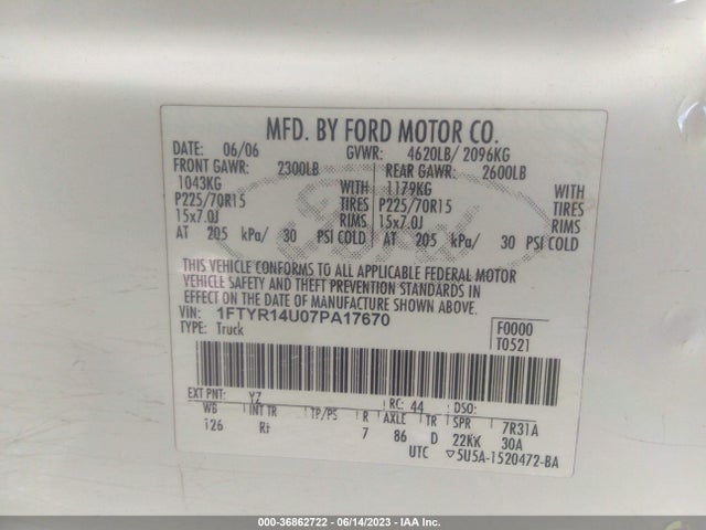 2007 FORD RANGER XL/STX/XLT/SPORT VIN: 1FTYR14U07PA17670
