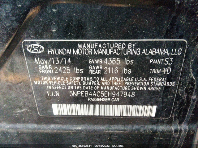 2014 HYUNDAI SONATA GLS VIN: 5NPEB4AC5EH947948