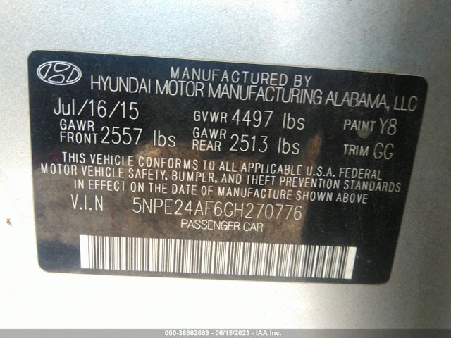 2016 HYUNDAI SONATA 2.4L SE VIN: 5NPE24AF6GH270776