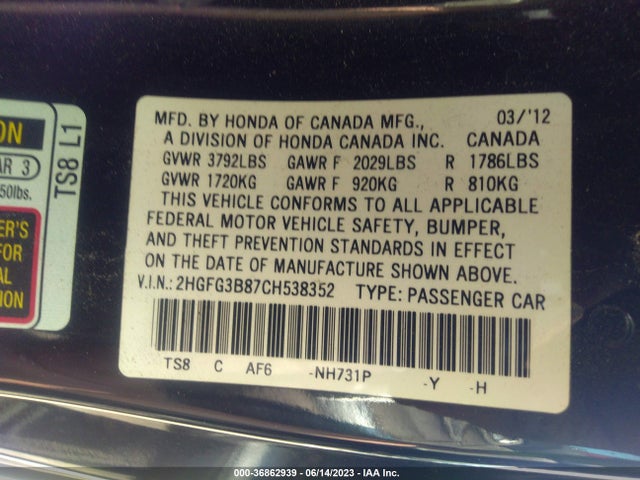 2012 HONDA CIVIC CPE EX VIN: 2HGFG3B87CH538352