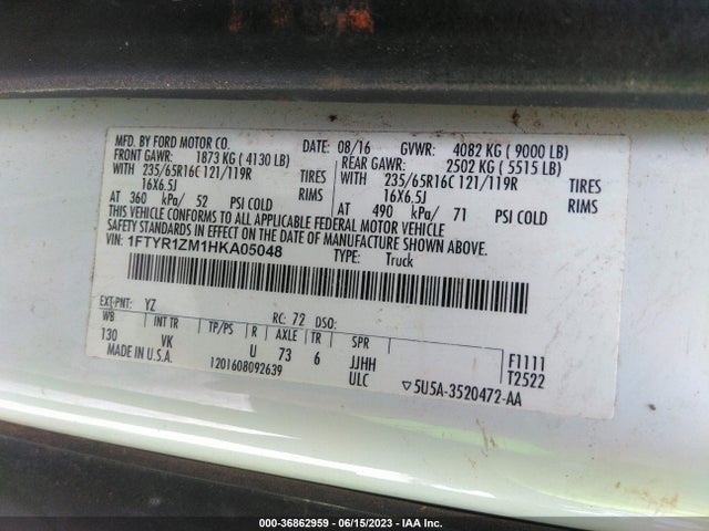 Ford TRANSIT VAN 2017 1FTYR1ZM1HKA05048 Image 9
