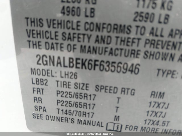 2015 CHEVROLET EQUINOX LT VIN: 2GNALBEK6F6356946