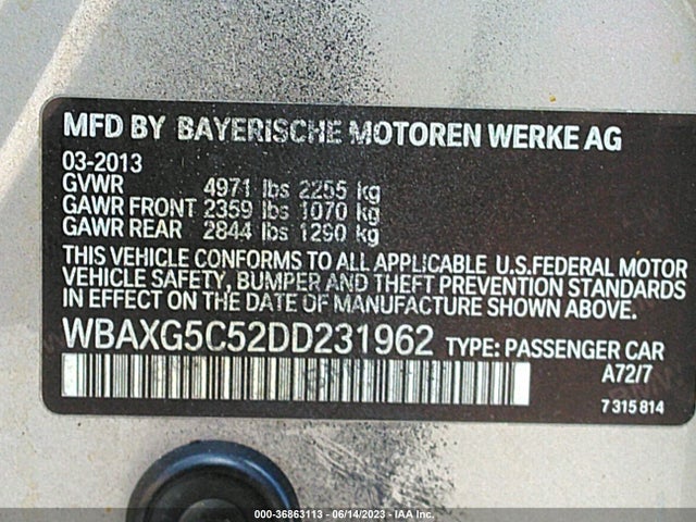 2013 BMW 5 SERIES 528I VIN: WBAXG5C52DD231962