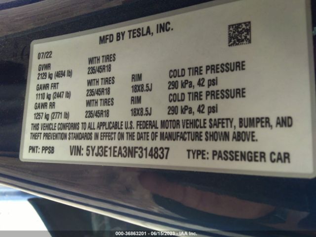 5YJ3E1EA3NF314837 Tesla MODEL 3