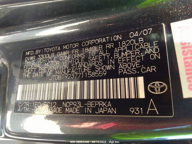 Продажа на аукционе авто 2007 Toyota Yaris Base/s, vin: JTDBT923771158559, номер лота: 36863346