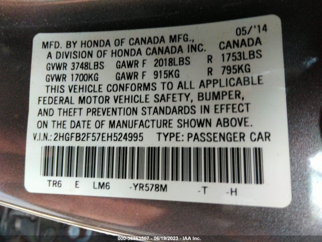 Honda Civic Sedan Lx 2014 2HGFB2F57EH524995 Image 9