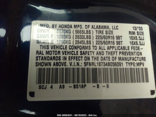 2004 HONDA ODYSSEY EX-L NAVI VIN: 5FNRL18734B056091