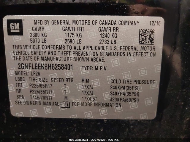 2017 CHEVROLET EQUINOX LS VIN: 2GNFLEEK8H6258401