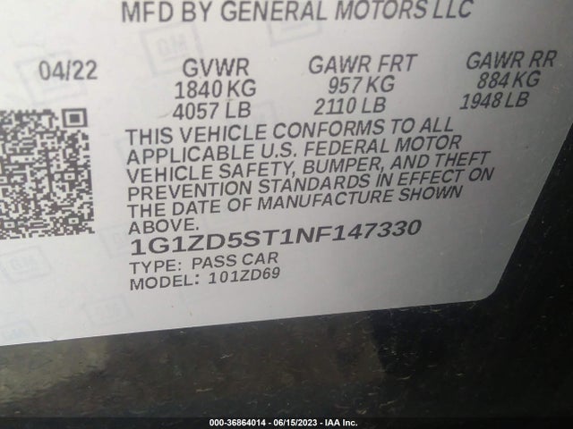 2022 CHEVROLET MALIBU LT VIN: 1G1ZD5ST1NF147330