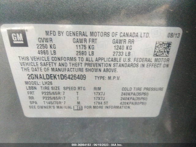 2013 CHEVROLET EQUINOX LT VIN: 2GNALDEK1D6426409