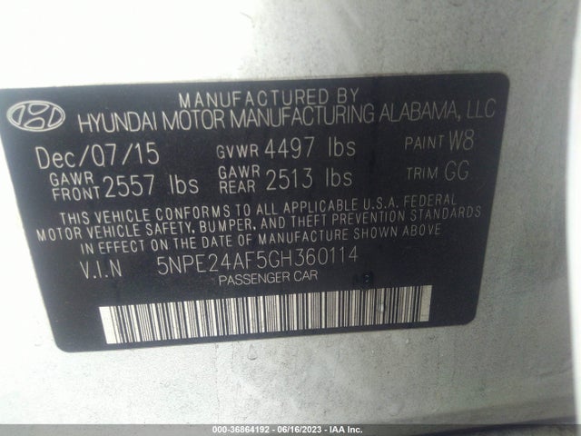 Hyundai Sonata 2.4l Se 2016 5NPE24AF5GH360114 Image 9