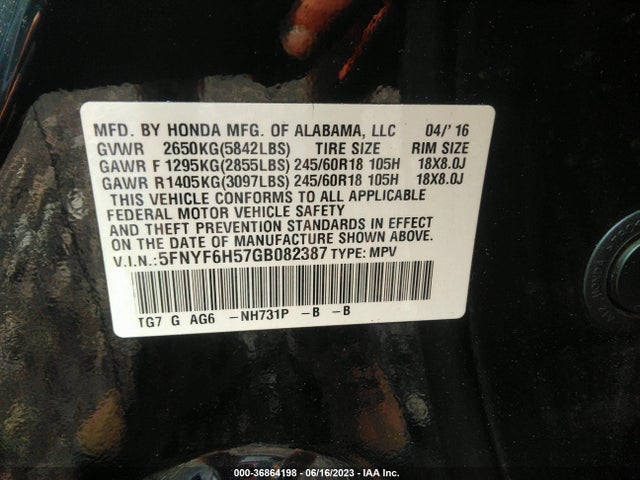 Honda Pilot Ex-l 2016 5FNYF6H57GB082387 Image 9