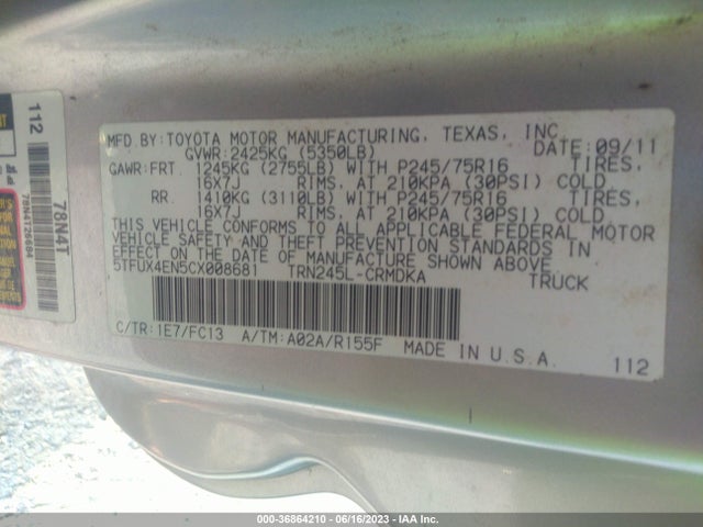 2012 TOYOTA TACOMA VIN: 5TFUX4EN5CX008681