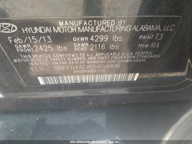 2013 HYUNDAI SONATA GLS VIN: 5NPEB4AC8DH694896
