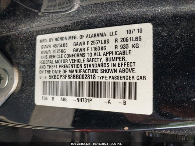 2011 HONDA ACCORD SDN EX-L VIN: 5KBCP3F88BB002818