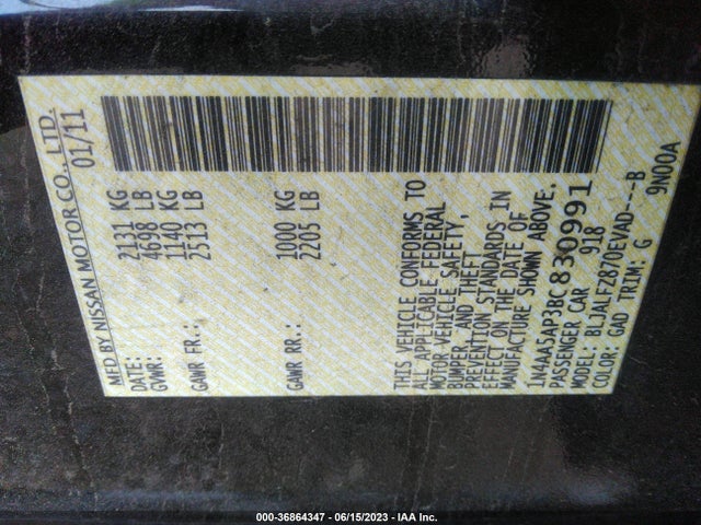 2011 NISSAN MAXIMA 3.5 SV VIN: 1N4AA5AP3BC830991