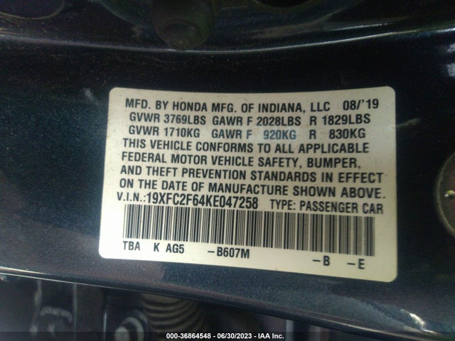 Honda Civic Sedan Lx 2019 19XFC2F64KE047258 Image 9