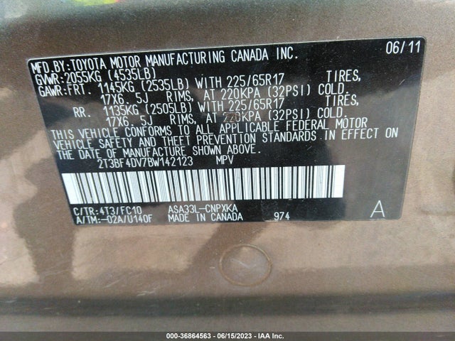 2011 TOYOTA RAV4 VIN: 2T3BF4DV7BW142123