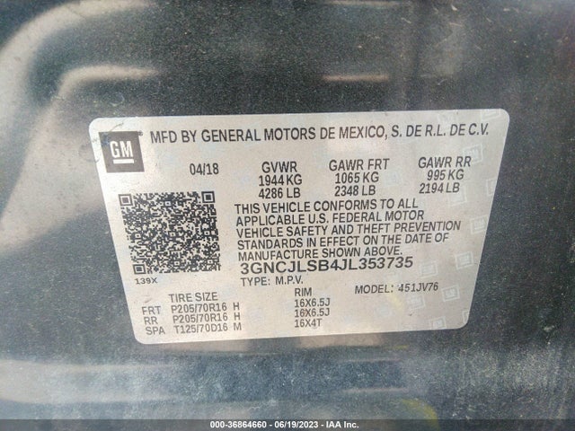 Chevrolet Trax Lt 2018 3GNCJLSB4JL353735 Image 9