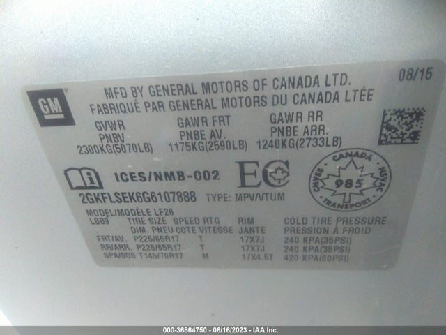 2016 GMC TERRAIN SLE VIN: 2GKFLSEK6G6107888
