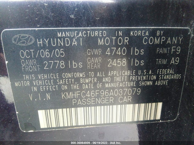 2006 HYUNDAI AZERA SE/LIMITED VIN: KMHFC46F96A037079