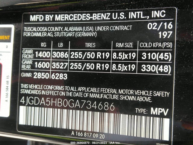 2016 MERCEDES-BENZ GLE GLE 350 VIN: 4JGDA5HB0GA734686