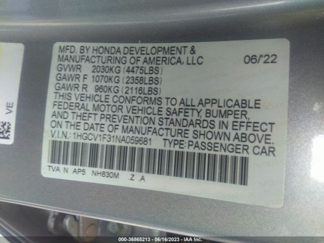 Honda Accord Sedan Sport 2022 1HGCV1F31NA059681 Image 9