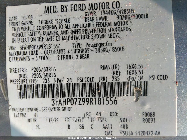 2009 FORD FUSION SE VIN: 3FAHP07Z99R181556