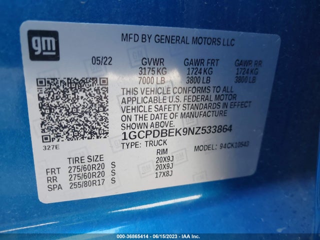 2022 CHEVROLET SILVERADO 1500 CUSTOM VIN: 1GCPDBEK9NZ533864