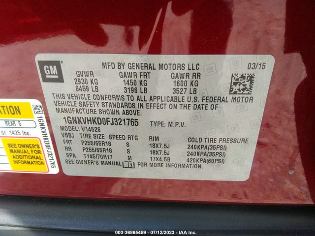 Chevrolet Traverse Lt 2015 1GNKVHKD0FJ321765 Image 9