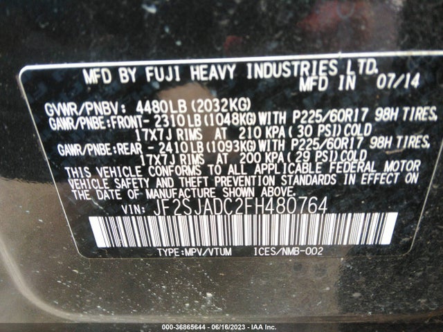 2015 SUBARU FORESTER 2.5I PREMIUM VIN: JF2SJADC2FH480764