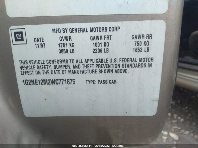 1998 PONTIAC GRAND AM SE VIN: 1G2NE12M2WC771875
