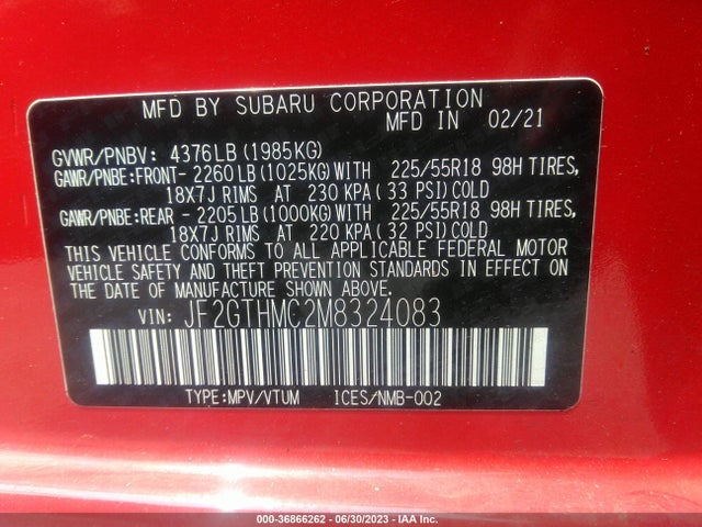 2021 SUBARU CROSSTREK LIMITED VIN: JF2GTHMC2M8324083