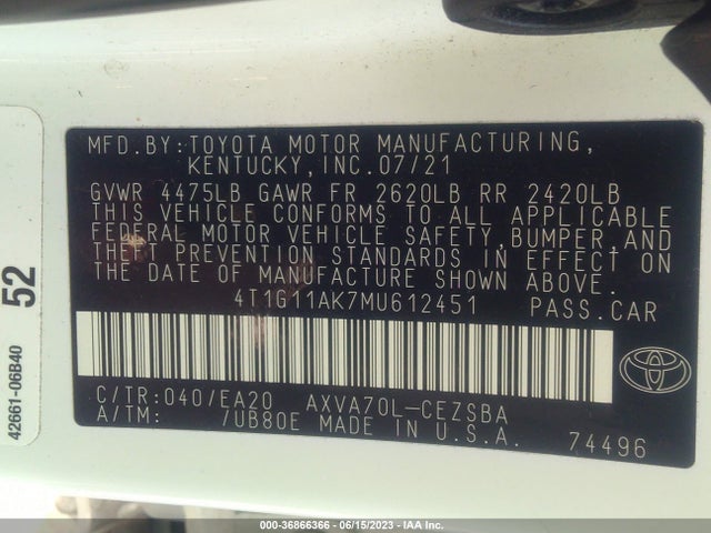 Toyota CAMRY SE 2021 4T1G11AK7MU612451 Image 9
