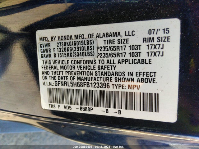 Honda Odyssey Ex-l 2015 5FNRL5H68FB123396 Image 9