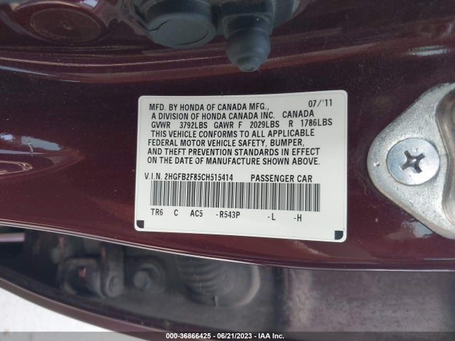 2012 HONDA CIVIC SDN EX VIN: 2HGFB2F85CH515414