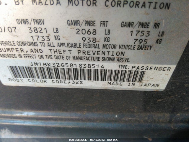 2008 MAZDA MAZDA3 I TOURING *LTD AVAIL VIN: JM1BK32G581838514