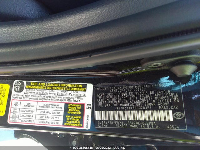 2022 TOYOTA CAMRY TRD V6 VIN: 4T1KZ1AK7NU070157