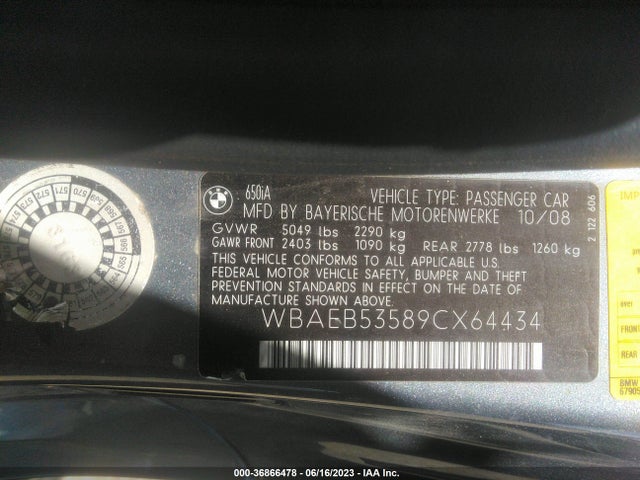 2009 BMW 6 SERIES 650I VIN: WBAEB53589CX64434