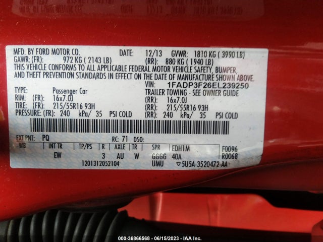 2014 FORD FOCUS SE VIN: 1FADP3F26EL239250