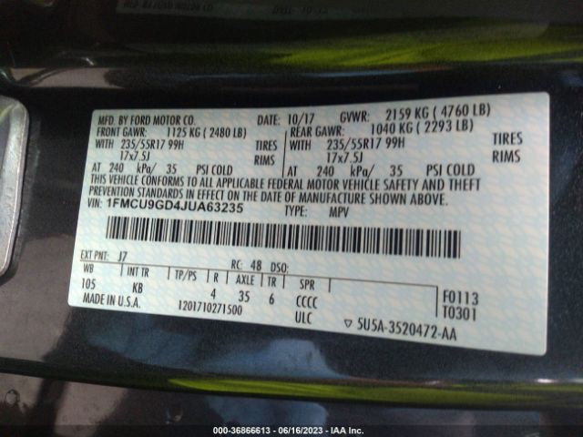 1FMCU9GD4JUA63235 Ford ESCAPE SE