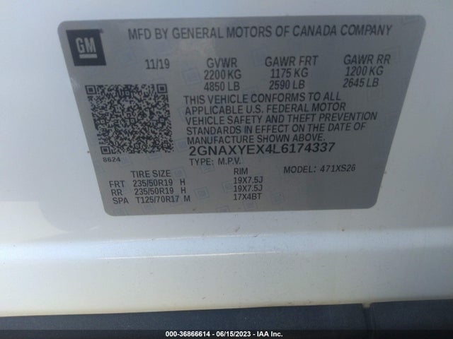 2020 CHEVROLET EQUINOX PREMIER VIN: 2GNAXYEX4L6174337