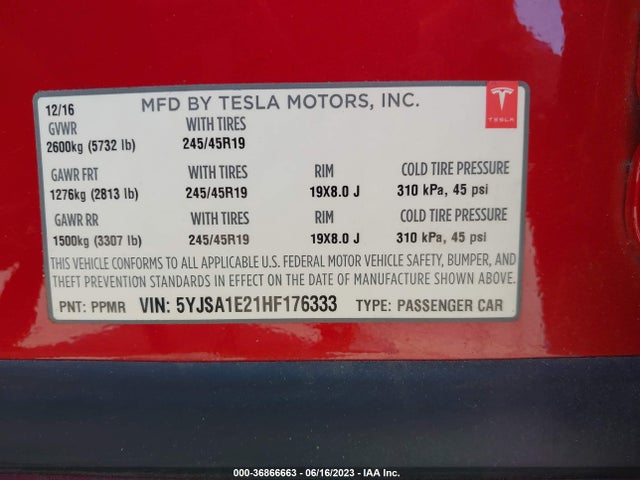 5YJSA1E21HF176333 Tesla Model S 100d/90d/75d/60d/p100d