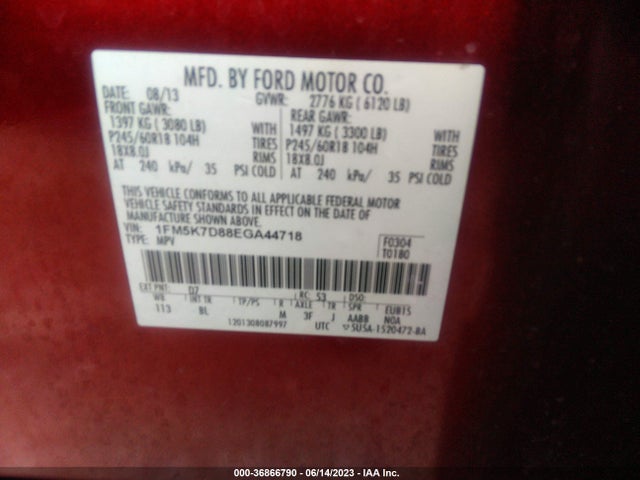2014 FORD EXPLORER XLT VIN: 1FM5K7D88EGA44718